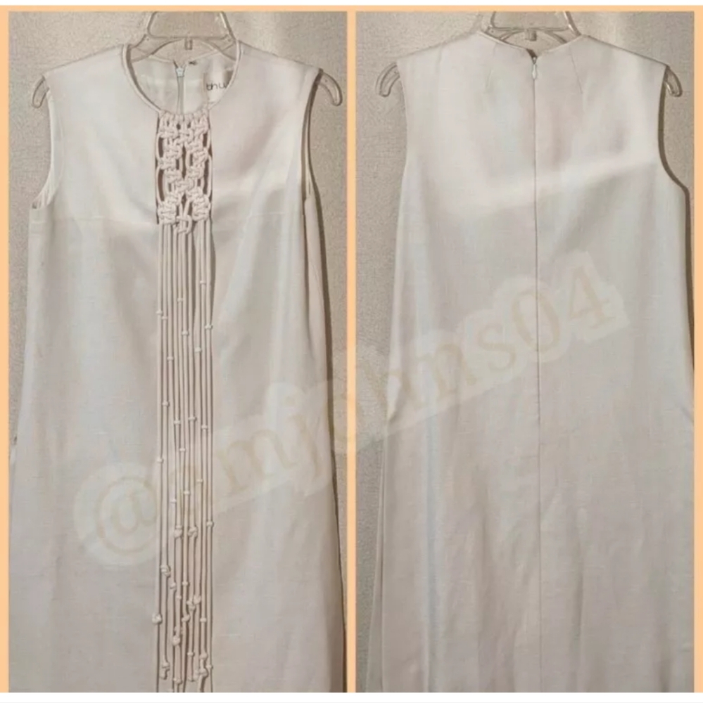 BH Wragge Vtg Midi Shift Rope Fringe Macrame Beaded Off White Midi Dress - Picture 12 of 15